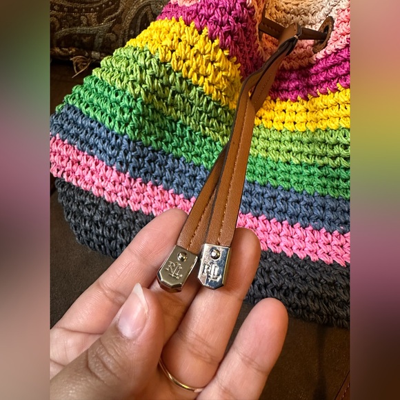 Lauren Ralph Lauren Crochet Straw Debby Drawstring Colorful Crossbody Bucket Bag - Picture 10 of 12